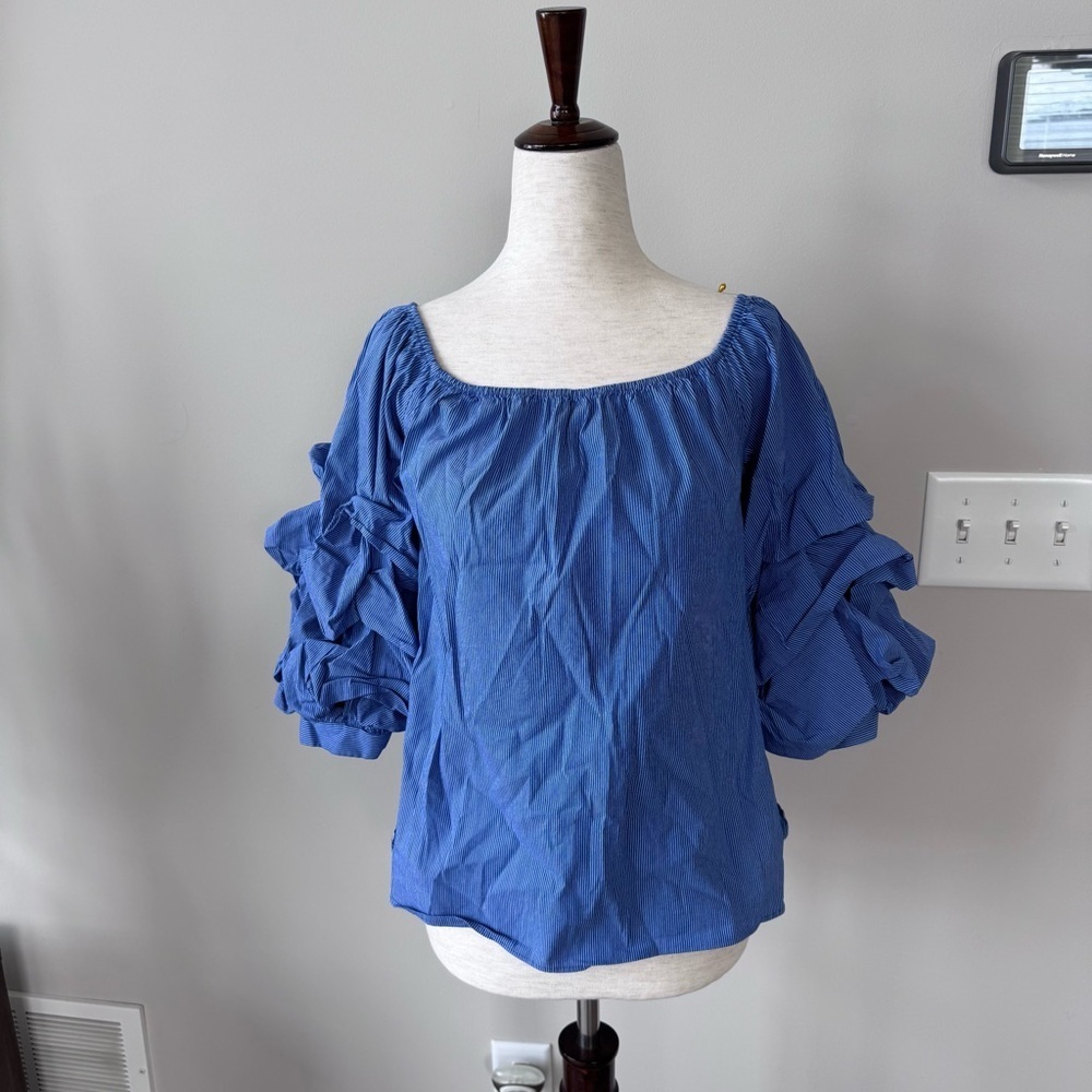 Zara Poplin Off the Shoulder Blue Striped Top with Gathered Ruffled Sleeves